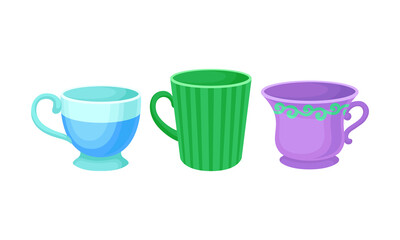 Porcelain or Ceramic Cups with Handle for Drinking Tea Vector Set