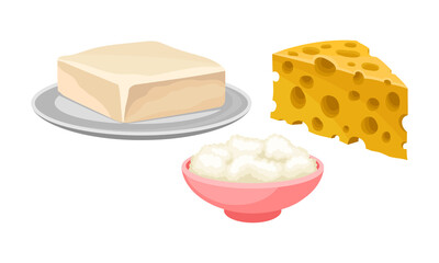 Cheese Slab and Butter on Plate as Dairy Product Vector Set