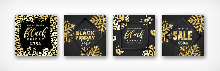 Black friday sale luxury banner templates set. Shiny golden social media post designs for flyer, poster, shopping, discount, web, promotion, advertisment, background. Vector illustration