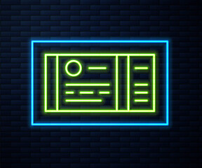 Glowing neon line Train ticket icon isolated on brick wall background. Travel by railway. Vector.