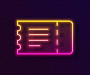 Glowing neon line Train ticket icon isolated on black background. Travel by railway. Vector.