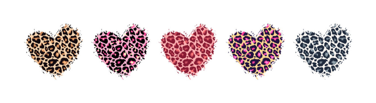 Leopard Print Textured Hand Drawn Brush Stroke Heart Shape Set . Abstract Paint Spot With Wild Animal Cheetah Skin Pattern Texture. Brown, Yellow, Pink, Grey Vector Design Elements For Print Designs