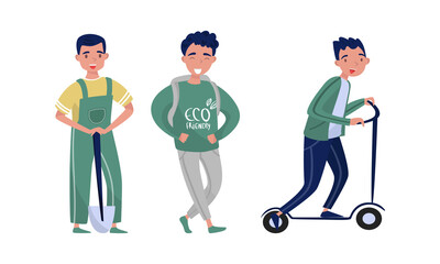 Eco Friendly Man Standing with Shovel and Riding Scooter Vector Illustration Set