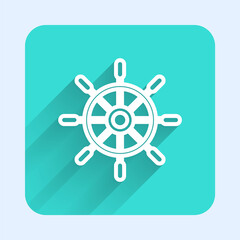 Obraz premium White line Ship steering wheel icon isolated with long shadow. Green square button. Vector.