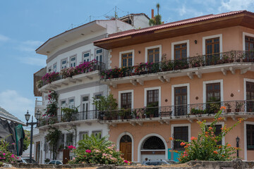 Fototapeta na wymiar beautiful building facades in the historic old town, Casco Viejo, Panama City