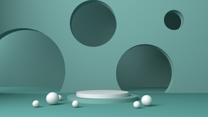 Minimal scene with podium and abstract background. Pastel Green and white colors scene. Trendy 3d render for social media banners, promotion, cosmetic product show. Geometric shapes interior.