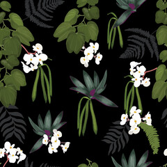 Vector seamless pattern with flowers in black background.