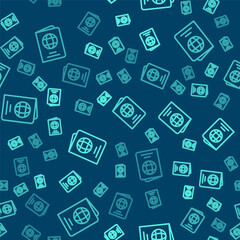 Green line Passport with biometric data icon isolated seamless pattern on blue background. Identification Document. Vector.