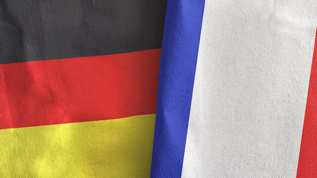 France and Germany two flags textile cloth 3D rendering