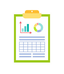 Information on issue on paper vector, isolated page on clipboard with pie diagram and data with arrows, marketing and charts info table with squares