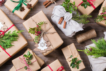 Creative zero waste Christmas concept, handmade gift boxes