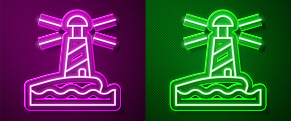 Obraz premium Glowing neon line Lighthouse icon isolated on purple and green background. Vector.