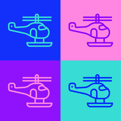 Pop art line Helicopter aircraft vehicle icon isolated on color background. Vector.