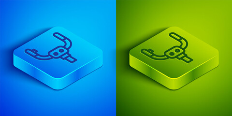 Isometric line Aircraft steering helm icon isolated on blue and green background. Aircraft control wheel. Square button. Vector.