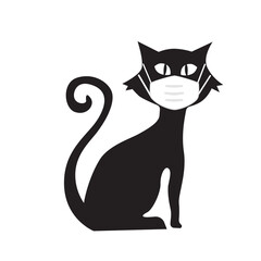 Print Flat Cartoon Cat animal with mask, vector illustration.