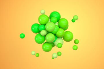 Green balls gather together with yellow background, 3d rendering.