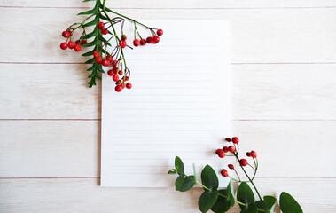 Horizontal greeting letter with green leaves and red fruits, 冬のグリーティング