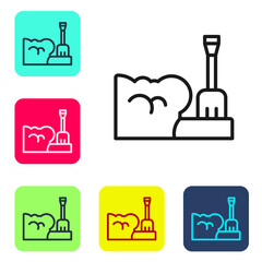 Black line Shovel in snowdrift icon isolated on white background. Set icons in color square buttons. Vector.