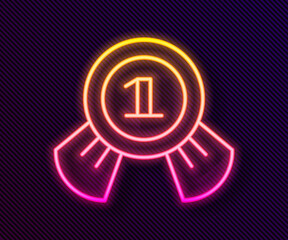 Glowing neon line Medal icon isolated on black background. Winner symbol. Vector.