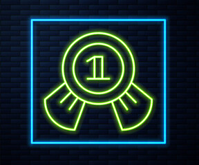 Glowing neon line Medal icon isolated on brick wall background. Winner symbol. Vector.