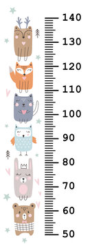 Meter wall with cute animals on white background. Vector