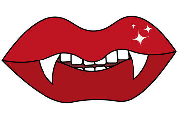 Vampire mouth. Dracula kiss. The devil bite. Colored vector illustration. Halloween symbol. Isolated white background. Dangerous lips. Sharp fangs shine. Cartoon style. All Saints Day. Angry grin. 