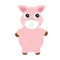 Print Flat Cartoon Pig animal with mask, vector illustration.