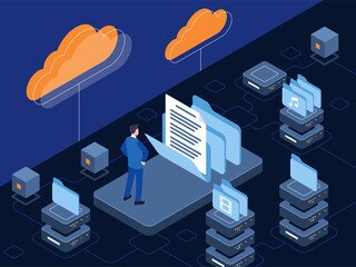 Isometric vector illustration of cloud storage in which the digital data