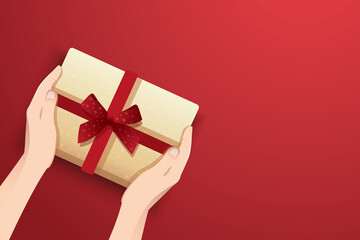 hands holding present box decorated with bow vector illustration