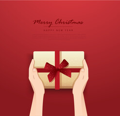 hands holding present box decorated with bow vector illustration
