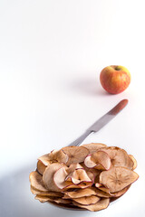 Dried apple fruit chips in a plate on foreground and fresh apple fruit on background.