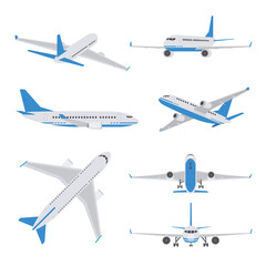Passenger aircraft in different views. Set of airplane in flat style - 388227742