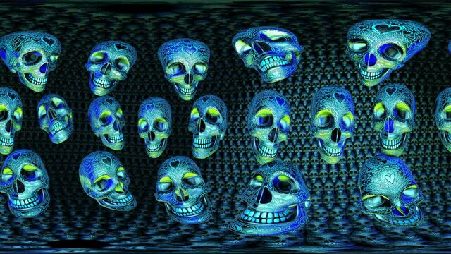 Carving metallic skulls. Spherical panorama 360 virtual reality 3D rendering. Equirectangular environment map.