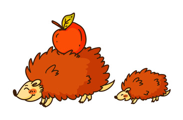 Happy hedgehog family with mother and kid isolated on white