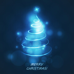 Merry Christmas, Happy Holidays Card - Dark Christmas Tree Shape Made from Bright Spiralling Light