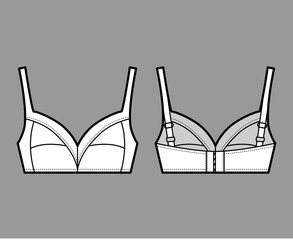 Bra soft cup lingerie technical fashion illustration with full adjustable shoulder straps, hook-and-eye closure. Flat brassiere template front, back white color style. Women men underwear CAD mockup