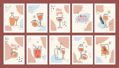 Happy new year greeting cards set. Abstract postcards. Contemporary art in pastel colors. Vector illustration.