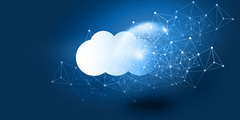 Cloud Computing Design Concept - Digital Connections, Technology Background with Globe and Geometric Network Mesh