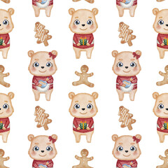 Bear couple in ugly sweater and gingerbread cookies watercolor illustration. Cute Christmas seamless pattern.