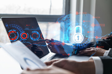 Man and woman working together on securitization of information of project. Blue icon infographic...
