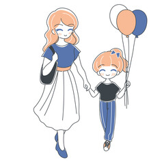 ベクター・手を繋いでお出かけする笑顔の親子・風船を持った子供