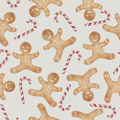 Gingerbread man cookie and candy cane seamless pattern. Christmas wrapping paper.