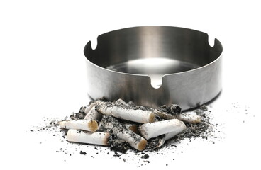 Cigarette stubs in ash pile with metal ashtray isolated on white background