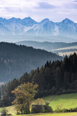 Fototapeta na wymiar Colorful Fall Foliage and Snow Covered Tatra Mountains in Background at Pieniny National Park in Poland