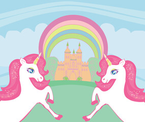 Cute unicorns and fairy-tale princess castle - birthday card