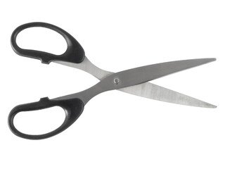 Open scissors with black handles isolated on white background
