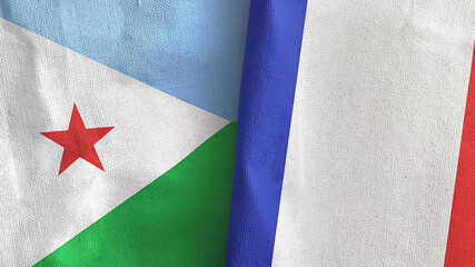 France and Djibouti two flags textile cloth 3D rendering
