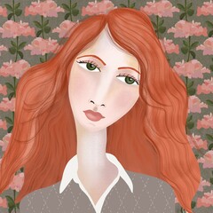 illustration of a girl in a floral background.