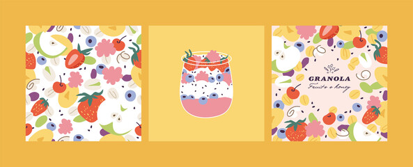 Fototapeta na wymiar Vector illustration granola background with different fruits, berries, fruits and nuts. Organic and healthy snack. Seamless pattern.