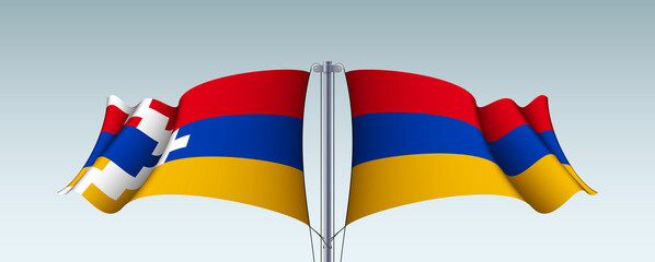 Nagorno-Karabakh and Armenia flags state symbols isolated on background national banner. war for independence of Artsakh Nagorno-Karabakh, Armenia. Illustration banner with realistic state flag.